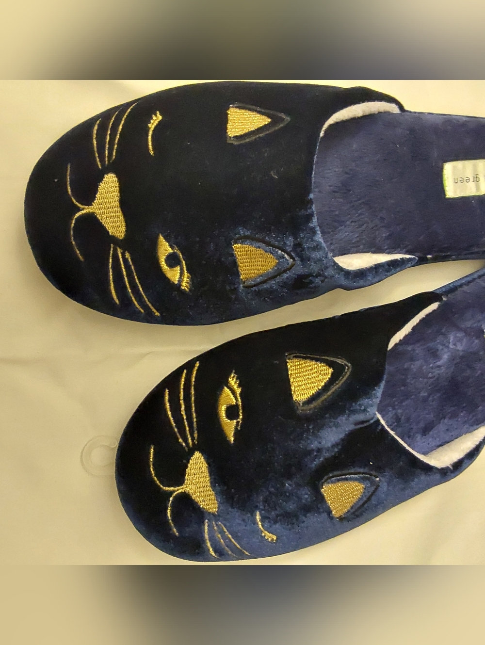PATRICIA GREEN Plush Navy Velvet Cat Embroidered Slippers XL • Brand New